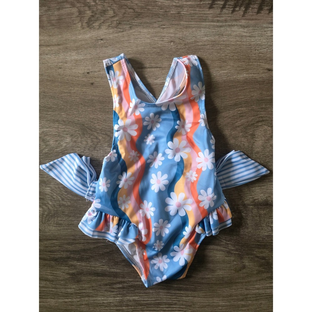 Toddler Girls Retro Daisy Floral Wavy Stripe One Piece Swimsuit Blue 18-24M